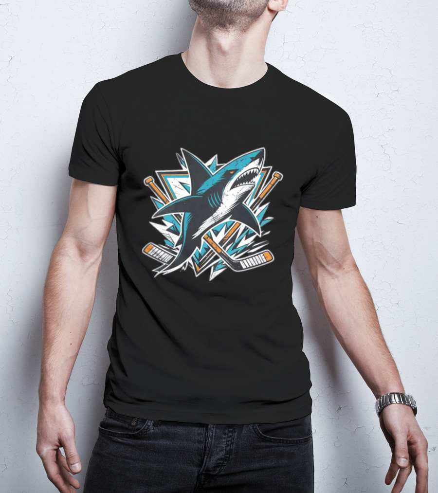 San Jose Sharks Hockey Attack Emblem With Shark And Crossed Hockey Sticks T-Shirt