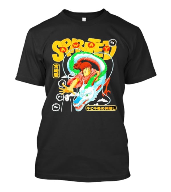 Spirited Away Chihiro Riding Haku Dragon Japanese Text No Face Soot Sprites T-Shirt