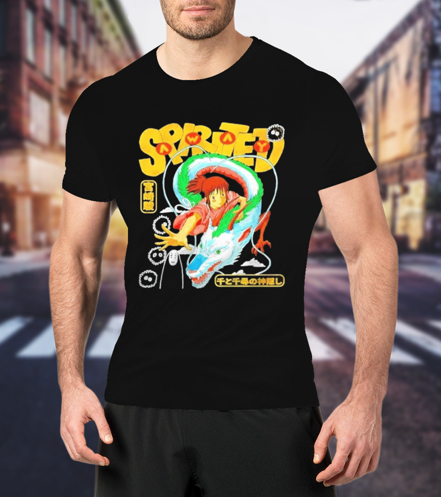Spirited Away Chihiro Riding Haku Dragon Japanese Text No Face Soot Sprites T-Shirt