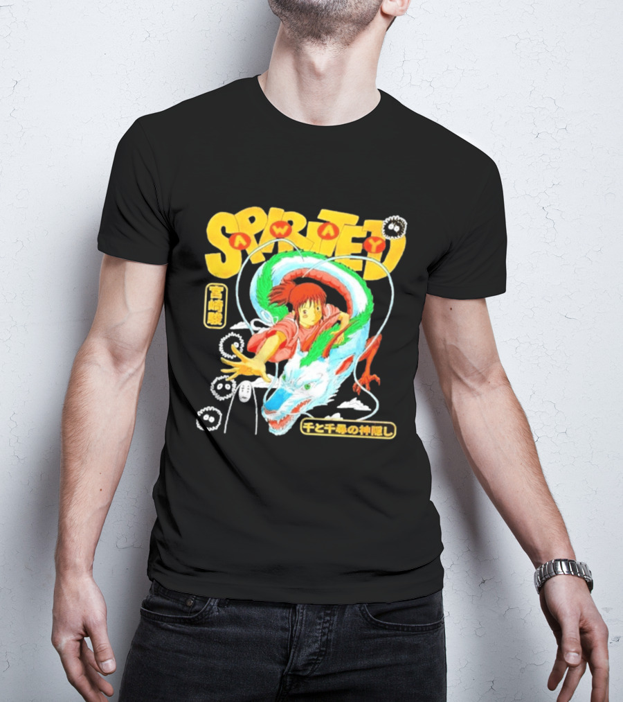 Spirited Away Chihiro Riding Haku Dragon Japanese Text No Face Soot Sprites T-Shirt