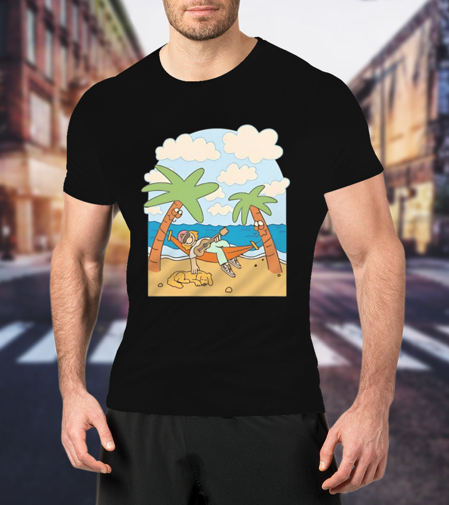 Hammock Guitar Player With Sleeping Dog On Tropical Beach Scene T-Shirt