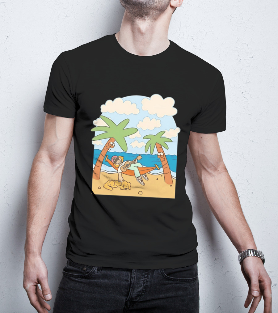 Hammock Guitar Player With Sleeping Dog On Tropical Beach Scene T-Shirt