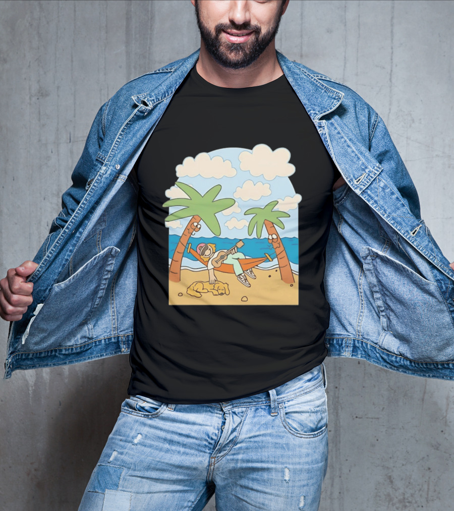 Hammock Guitar Player With Sleeping Dog On Tropical Beach Scene T-Shirt