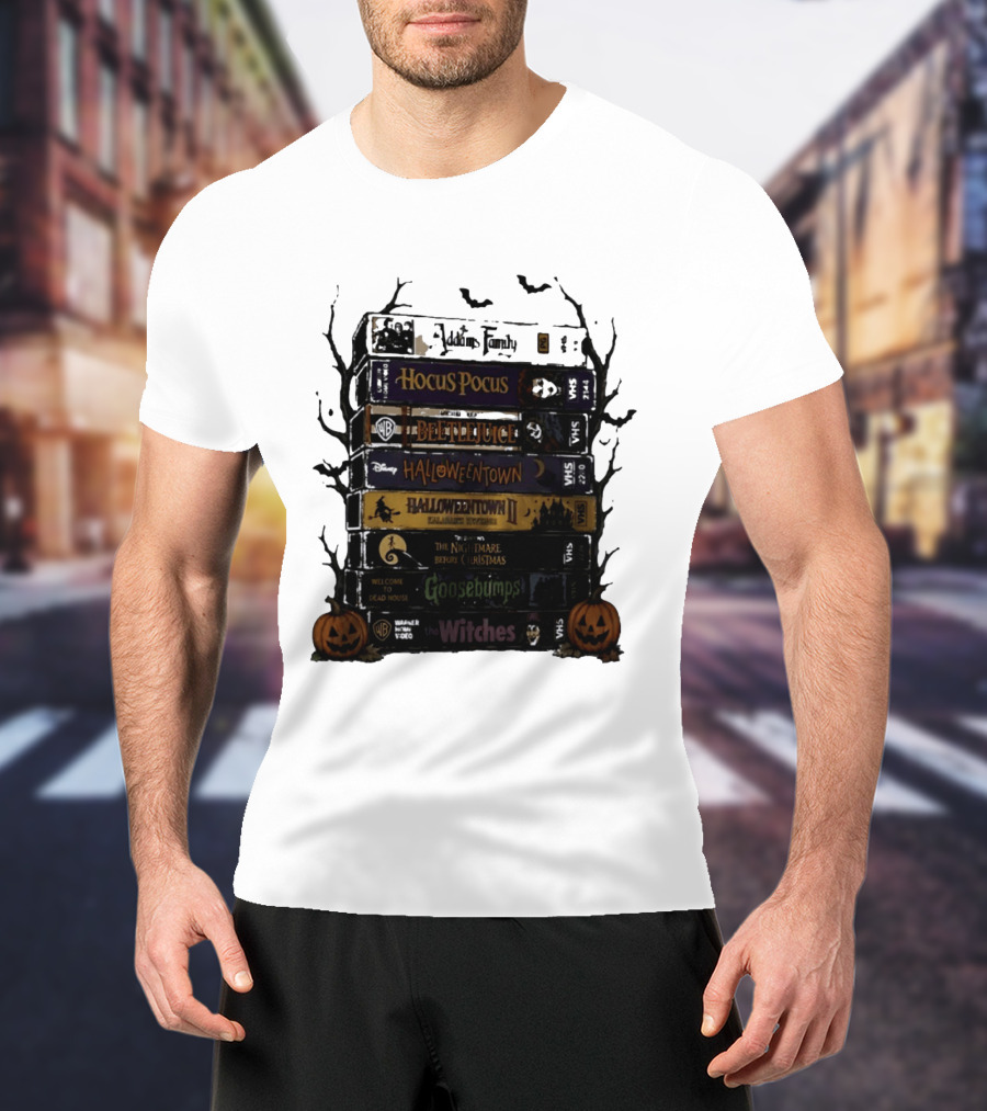 The Addams Family Hocus Pocus Beetlejuice Halloweentown Halloween II The Nightmare Before Christmas Goosebumps The Witches VHS Stack T-Shirt