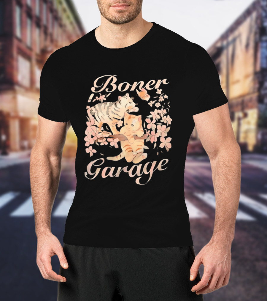 Boner Garage Cats Cherry Blossoms And Butterfly T-Shirt
