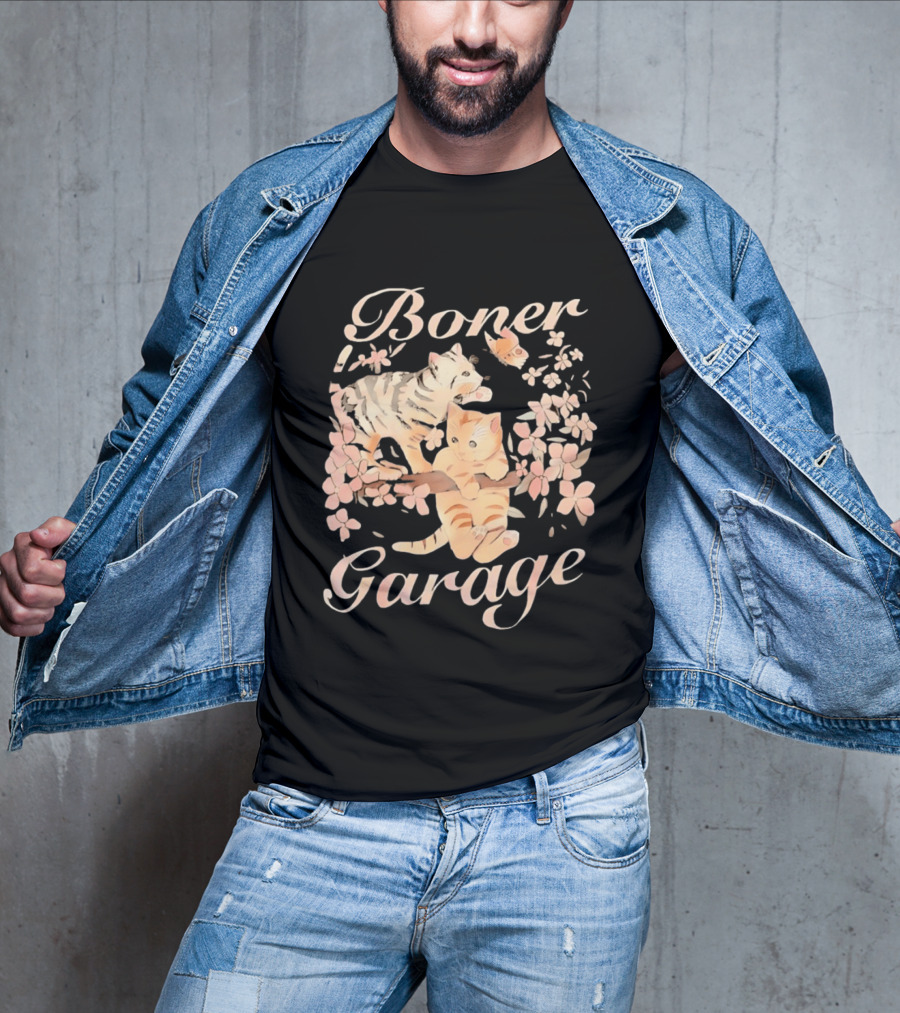 Boner Garage Cats Cherry Blossoms And Butterfly T-Shirt