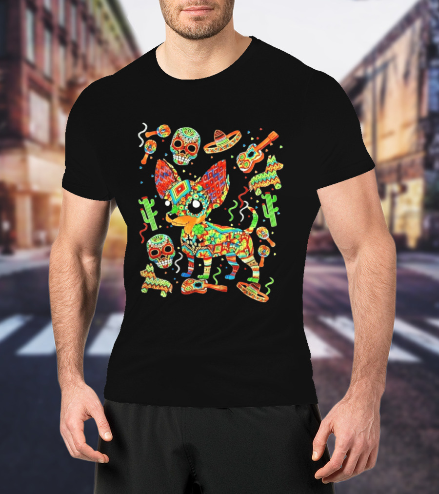 Fiesta Chihuahua Mexican Dia De Los Muertos Colorful Skull Sombrero Cactus Dog T-Shirt