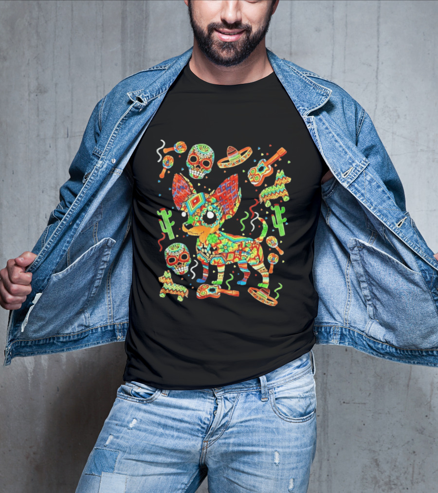 Fiesta Chihuahua Mexican Dia De Los Muertos Colorful Skull Sombrero Cactus Dog T-Shirt
