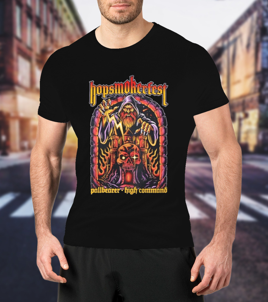 Hopsmokerfest Pallbearer High Command Wizard Lightning Bolt Skull Castle T-Shirt
