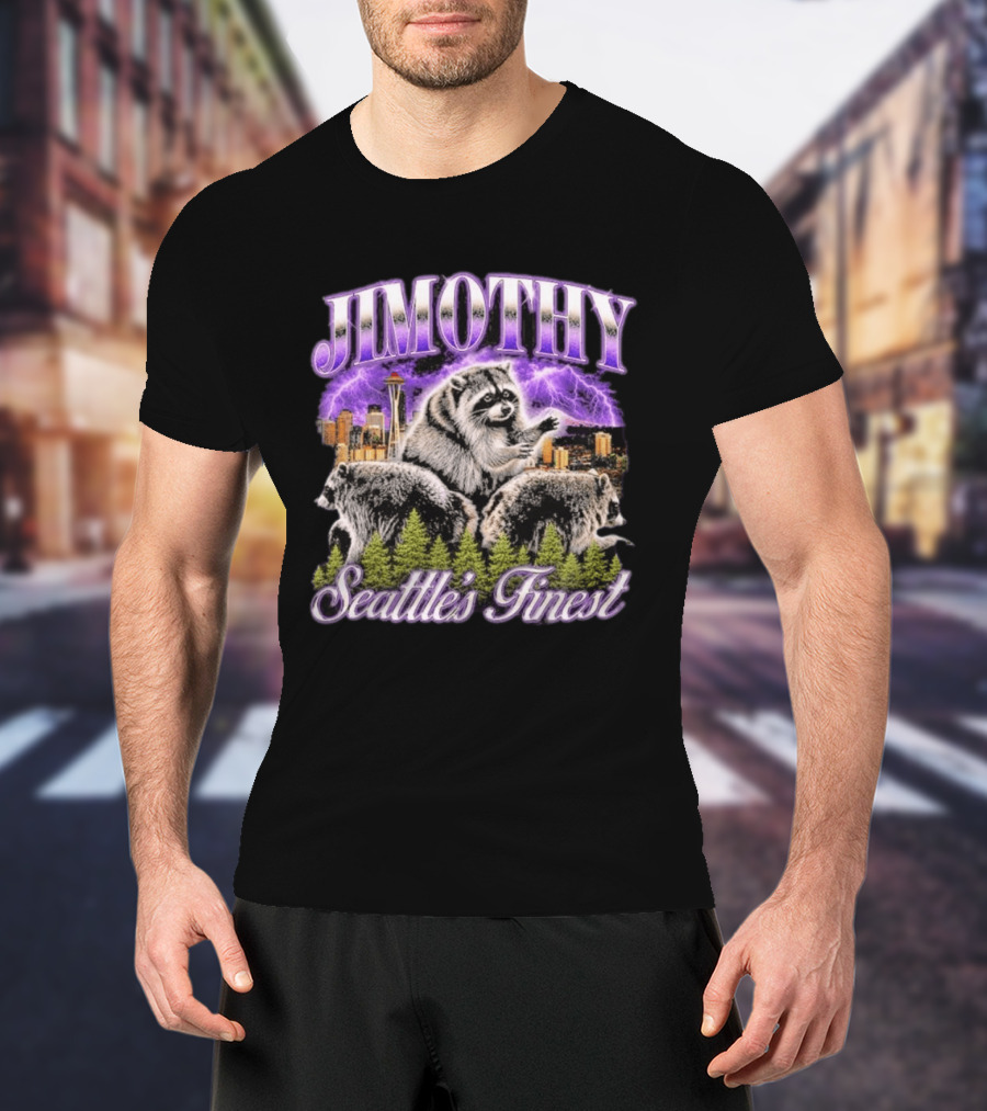 Jimothy Raccoon Seattle's Finest Purple Lightning Skyline And Forest T-Shirt
