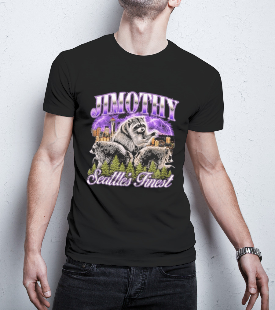 Jimothy Raccoon Seattle's Finest Purple Lightning Skyline And Forest T-Shirt