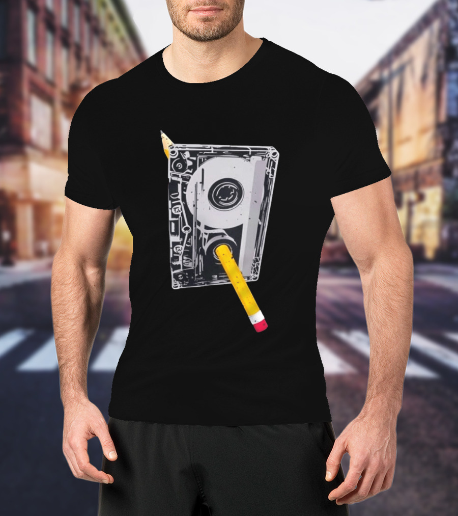 Rewind The Past Cassette Tape Pencil T-Shirt