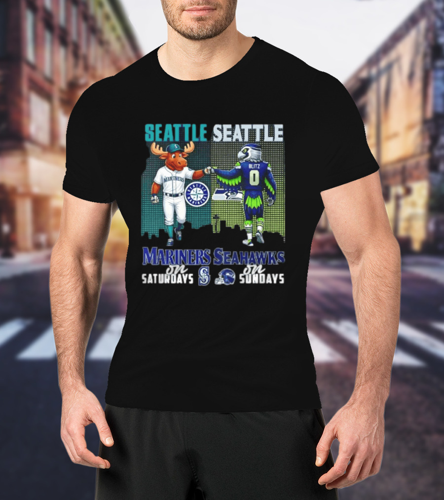 Seattle Mariners Moose And Seahawks Blitz On Saturdays Sundays T-Shirt