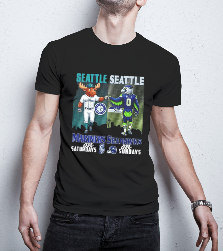 Seattle Mariners Moose And Seahawks Blitz On Saturdays Sundays T-Shirt