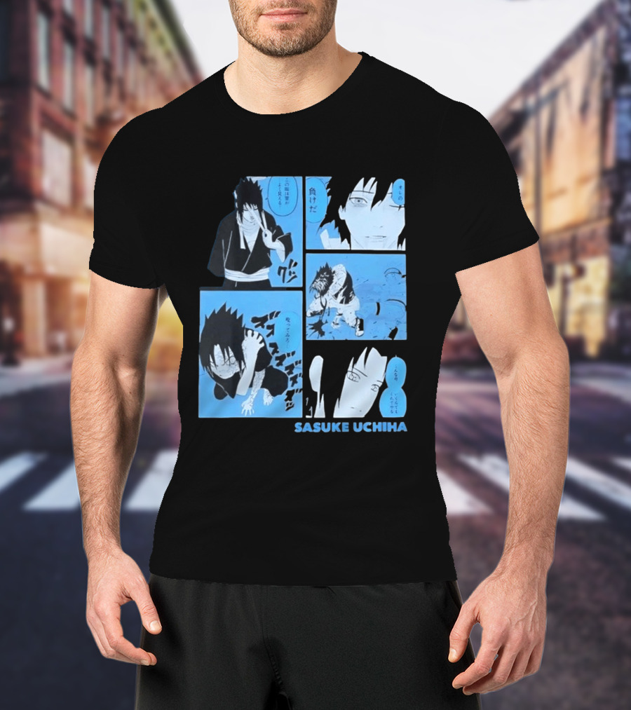 Sasuke Uchiha Cursed Seal Battle Manga Panels Blue Version T-Shirt