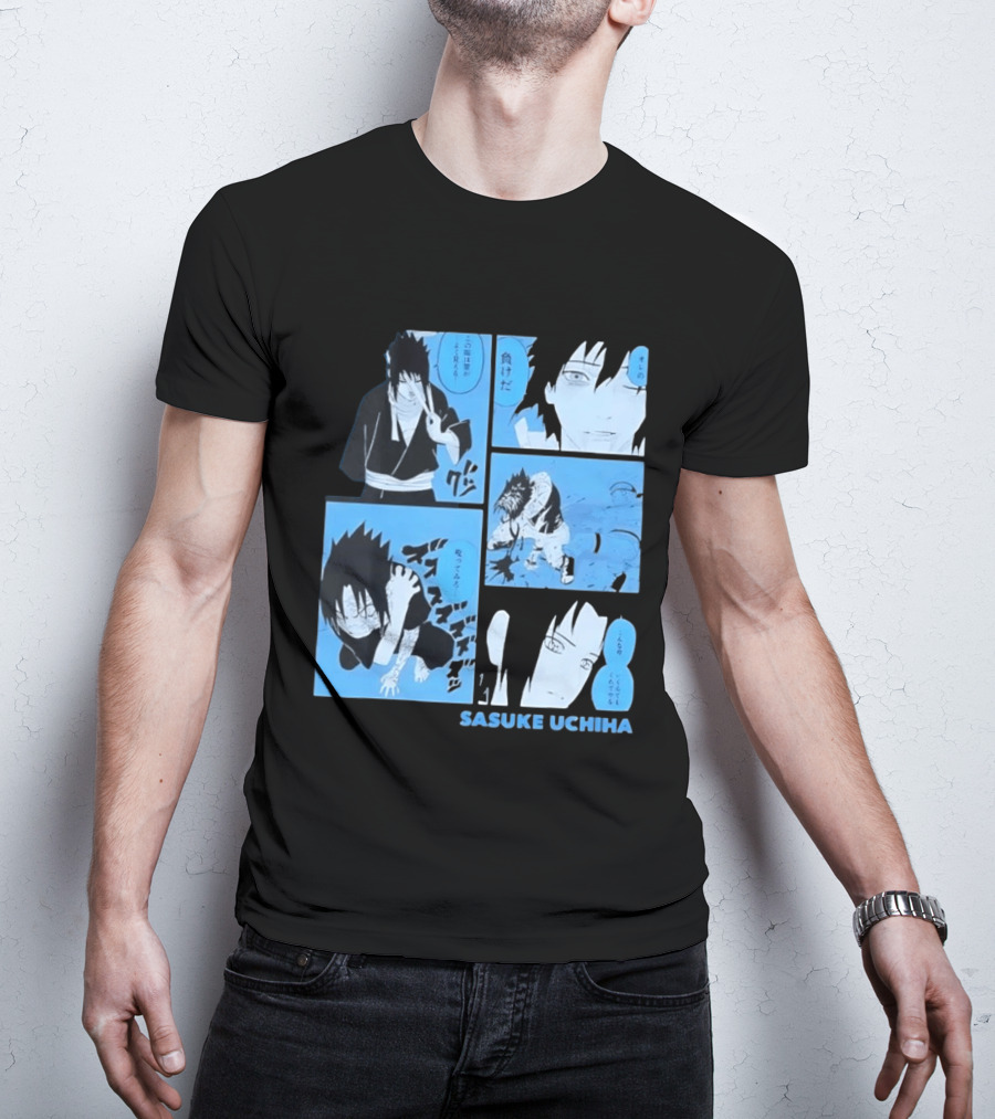 Sasuke Uchiha Cursed Seal Battle Manga Panels Blue Version T-Shirt