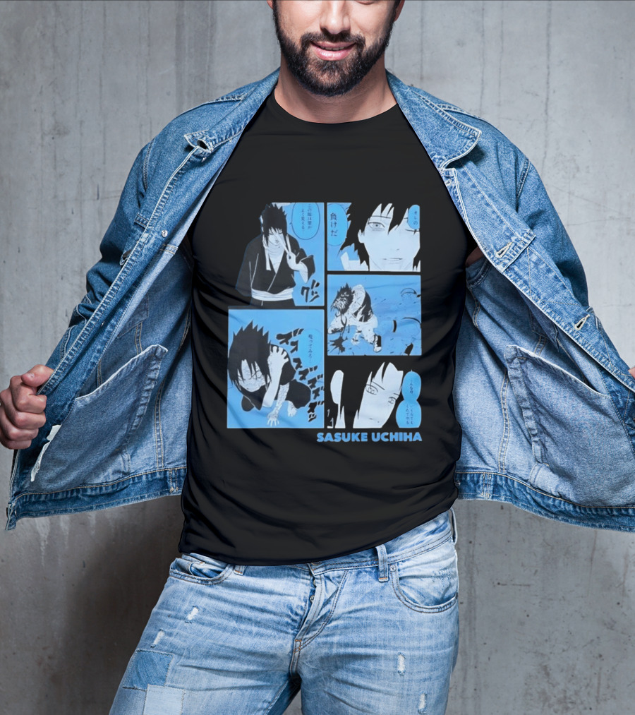 Sasuke Uchiha Cursed Seal Battle Manga Panels Blue Version T-Shirt