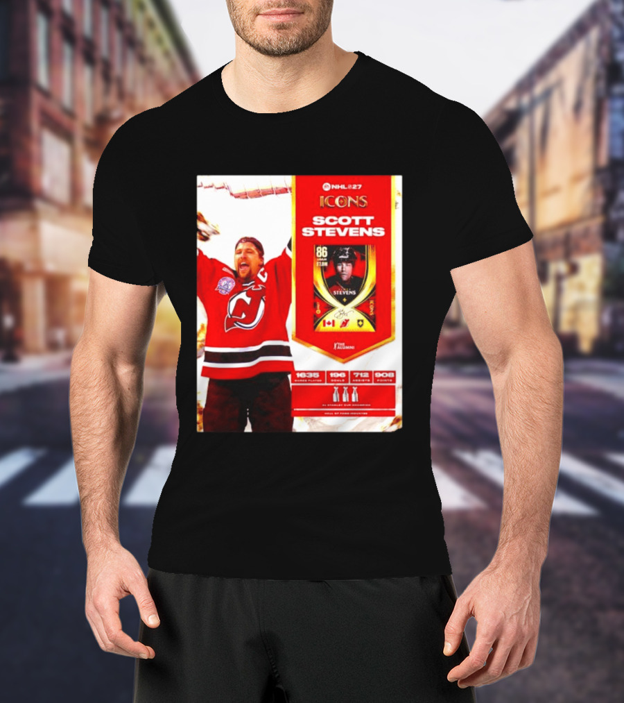 NHL 27 Icons Scott Stevens New Jersey Devils Hall Of Fame Legend T-Shirt