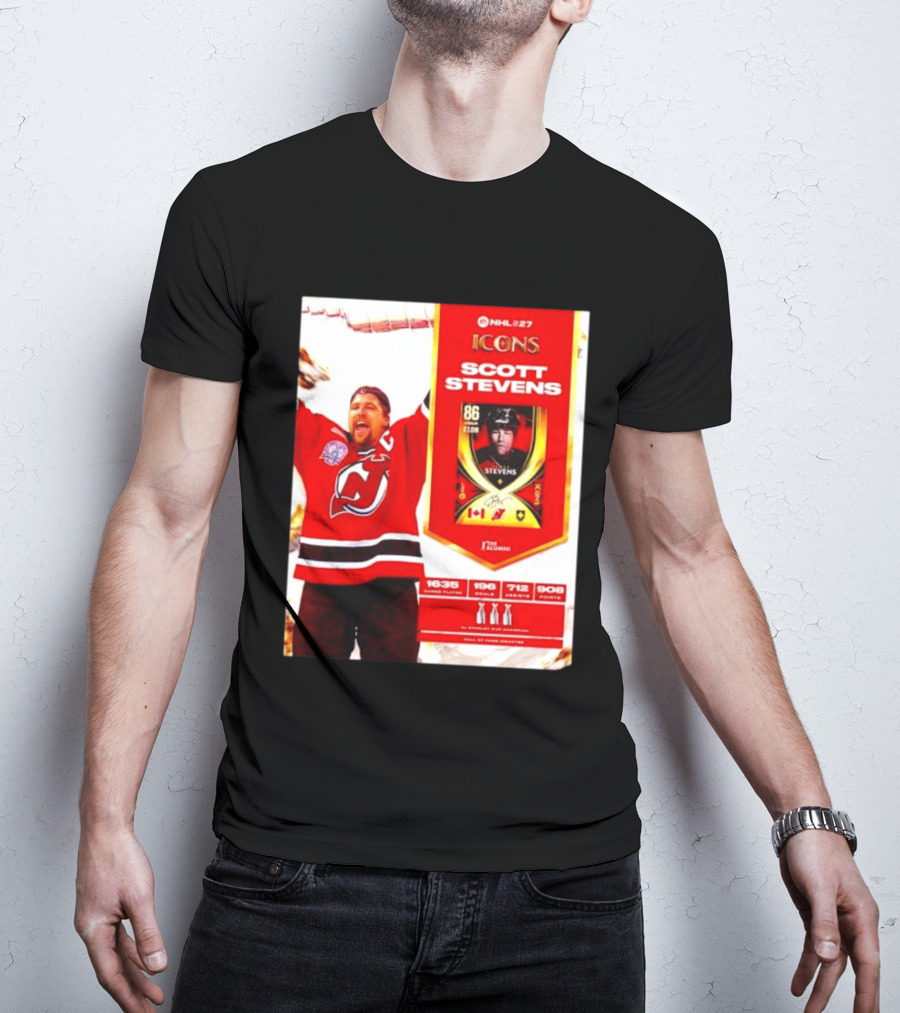 NHL 27 Icons Scott Stevens New Jersey Devils Hall Of Fame Legend T-Shirt