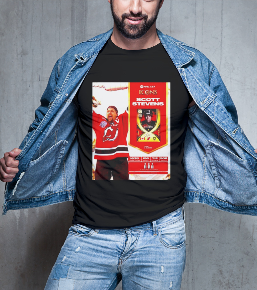 NHL 27 Icons Scott Stevens New Jersey Devils Hall Of Fame Legend T-Shirt