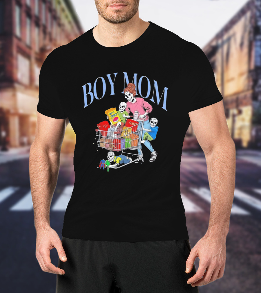 Boy Mom Skeleton With Kids Pushing Shopping Cart Eating Cereal T-Shirt