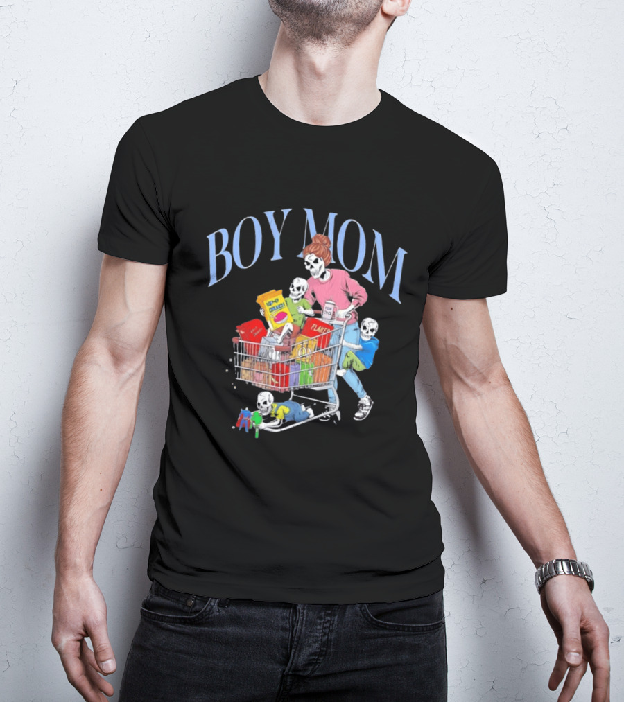 Boy Mom Skeleton With Kids Pushing Shopping Cart Eating Cereal T-Shirt