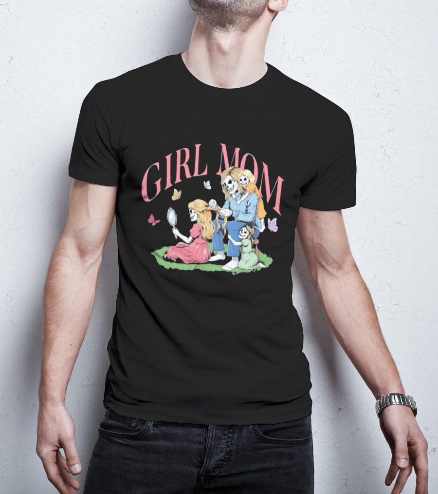 Girl Mom Skeleton Mother Braiding Hair With Daughters And Butterflies T-Shirt