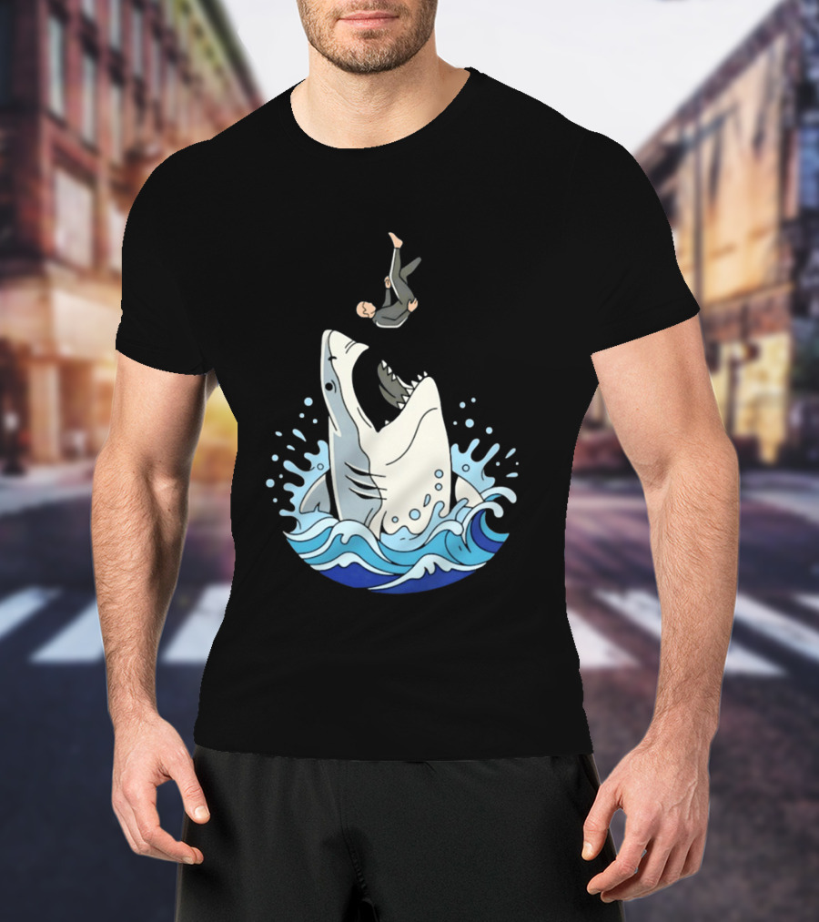 Great White Shark Surfer Falling Water Splash Scene T-Shirt