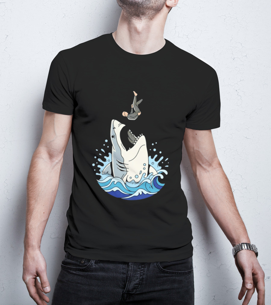 Great White Shark Surfer Falling Water Splash Scene T-Shirt