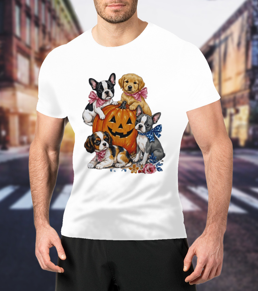 Puppies With Pink And Blue Bows Jack O' Lantern Pumpkin Halloween T-Shirt