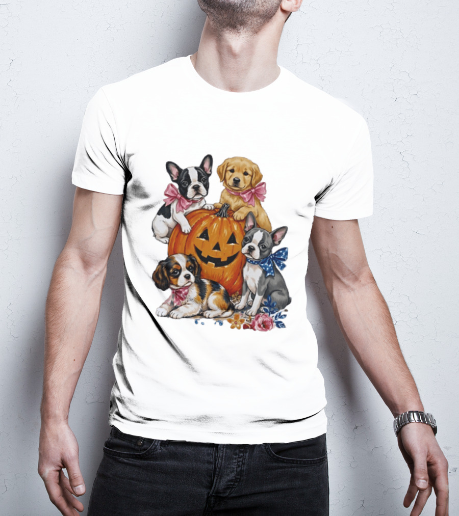 Puppies With Pink And Blue Bows Jack O' Lantern Pumpkin Halloween T-Shirt