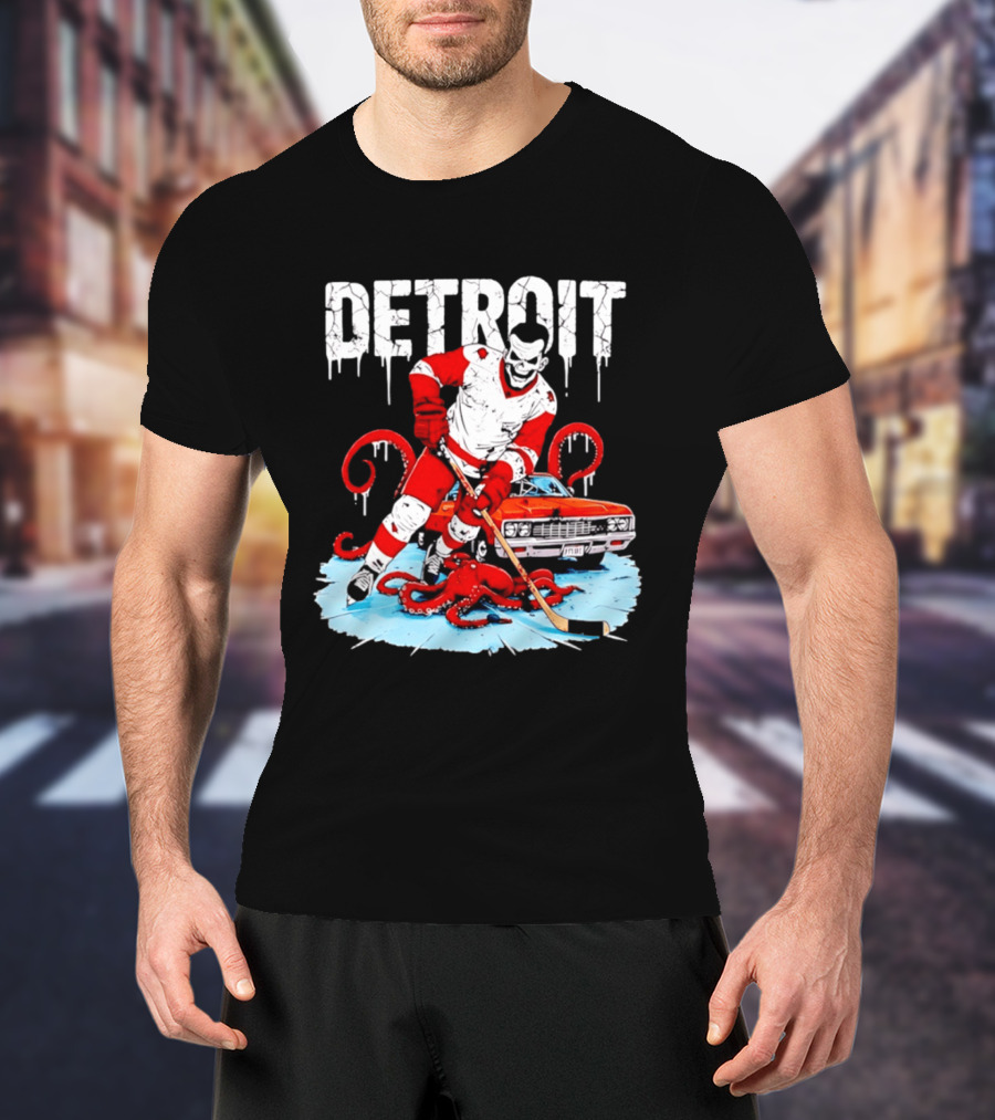 Detroit Hockey Skeleton Octopus Muscle Car T-Shirt