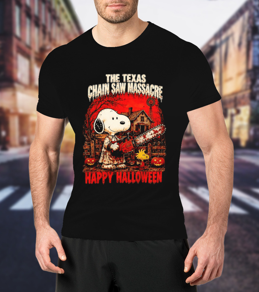 Snoopy Woodstock The Texas Chain Saw Massacre Happy Halloween Scene T-Shirt