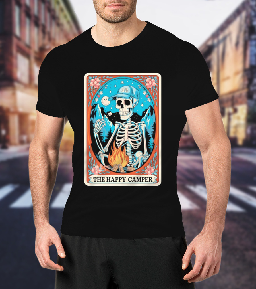 The Happy Camper Skeleton 33 Marshmallow Campfire Scene T-Shirt
