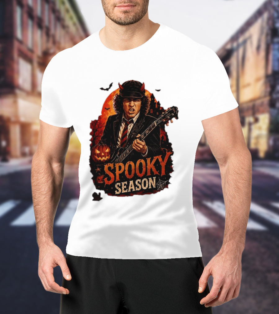 Spooky Season Angus Young Halloween AC DC Inspired Pumpkin Guitar T-Shirt