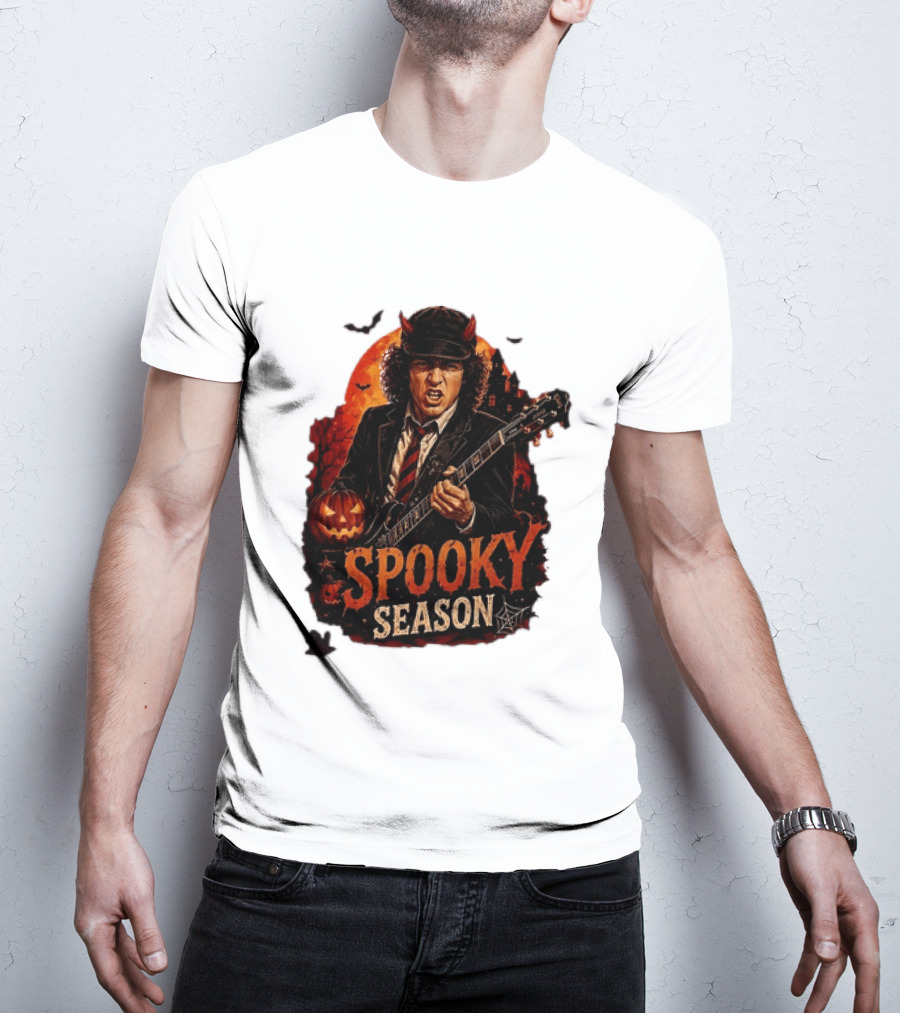 Spooky Season Angus Young Halloween AC DC Inspired Pumpkin Guitar T-Shirt