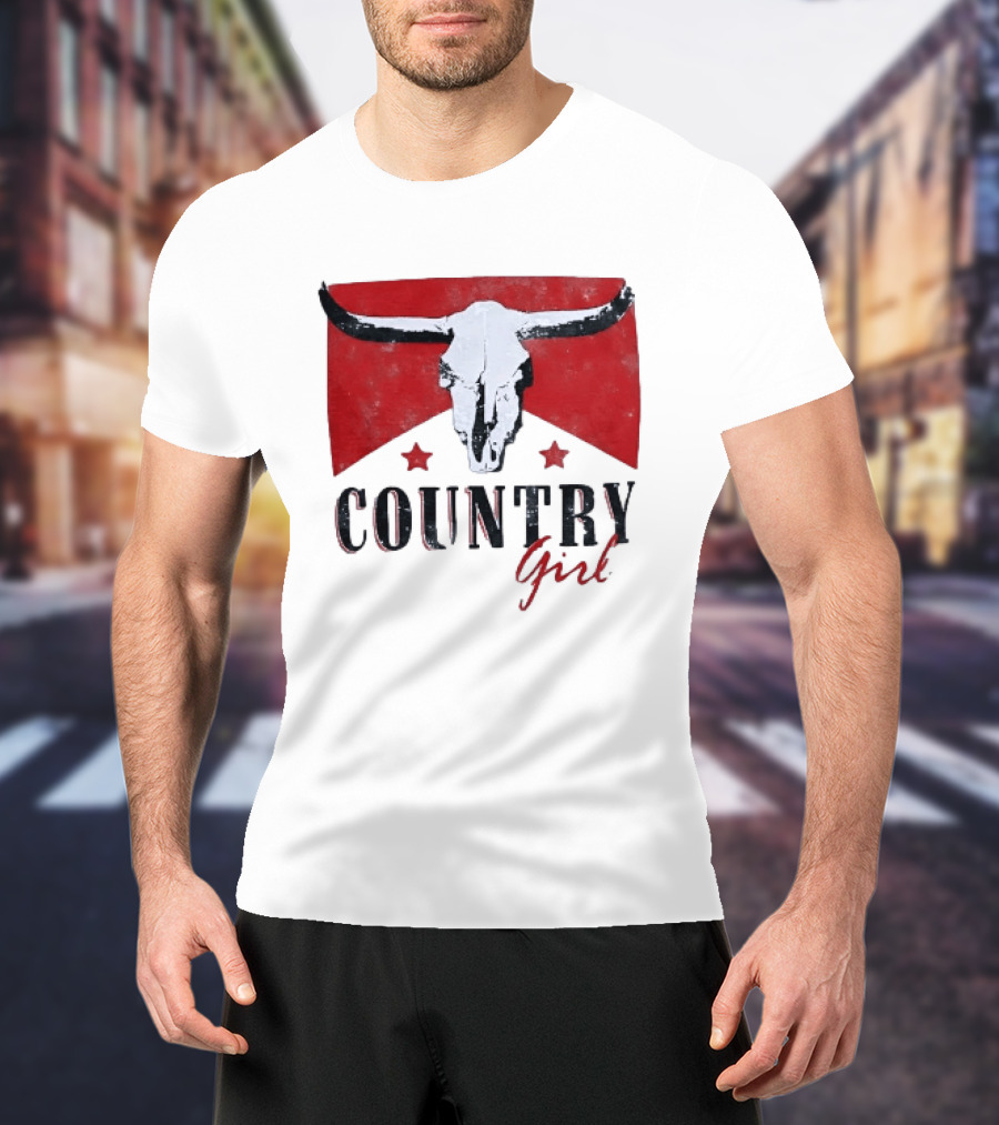Country Girl Western Bull Skull Red Star Banner T-Shirt