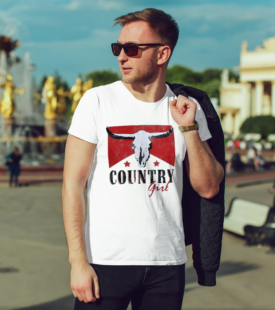 Country Girl Western Bull Skull Red Star Banner T-Shirt