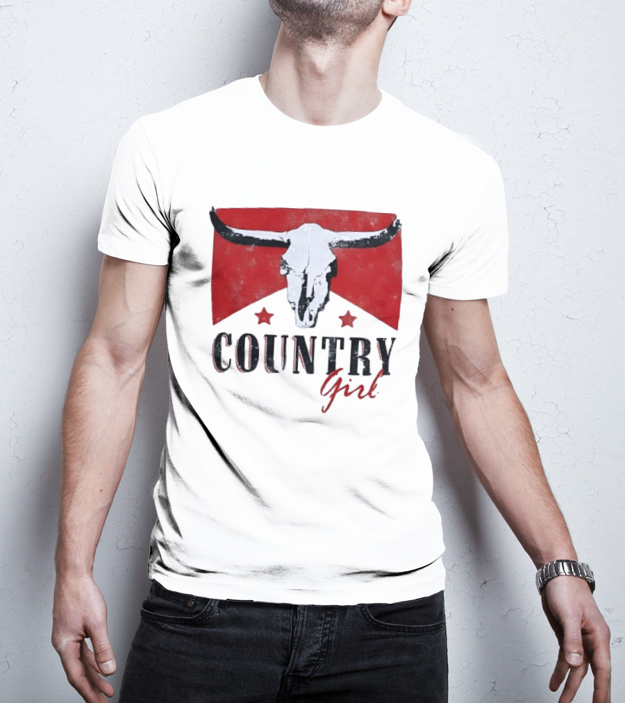 Country Girl Western Bull Skull Red Star Banner T-Shirt