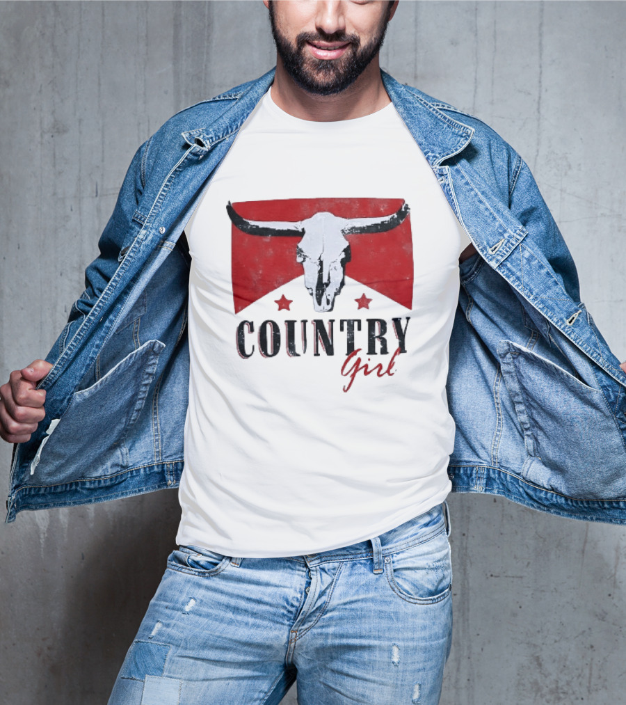 Country Girl Western Bull Skull Red Star Banner T-Shirt