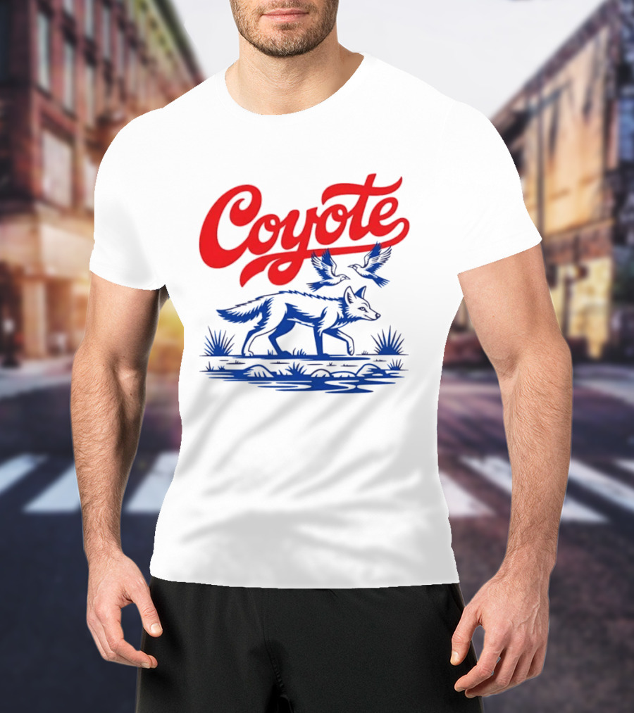 Coyote With Birds In Desert Scene Wild Western Desert T-Shirt