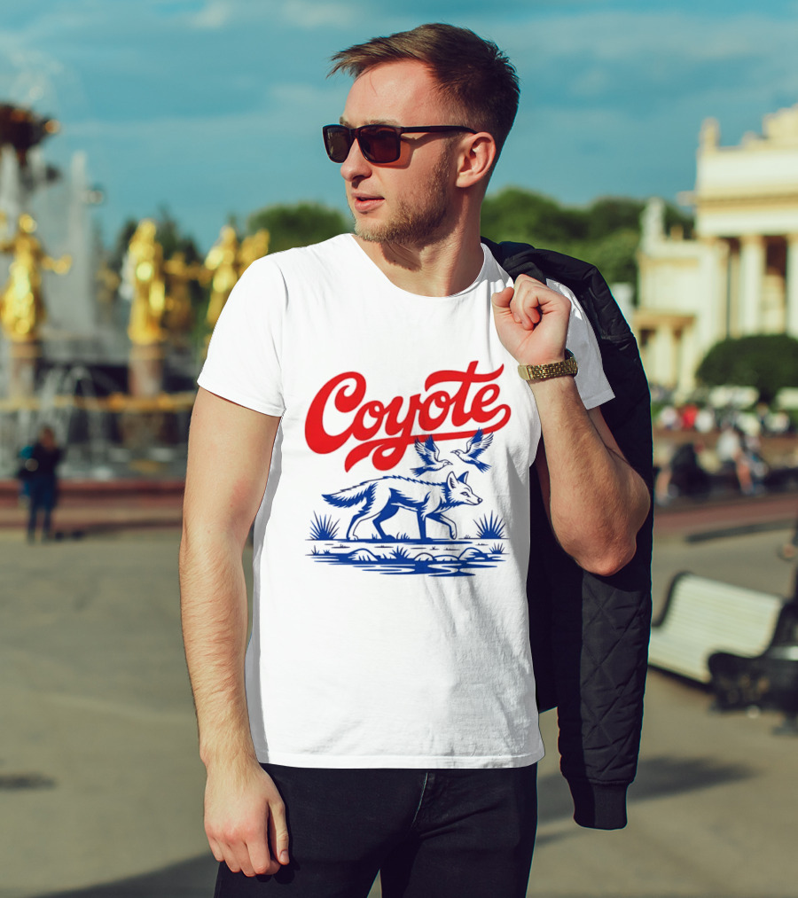 Coyote With Birds In Desert Scene Wild Western Desert T-Shirt