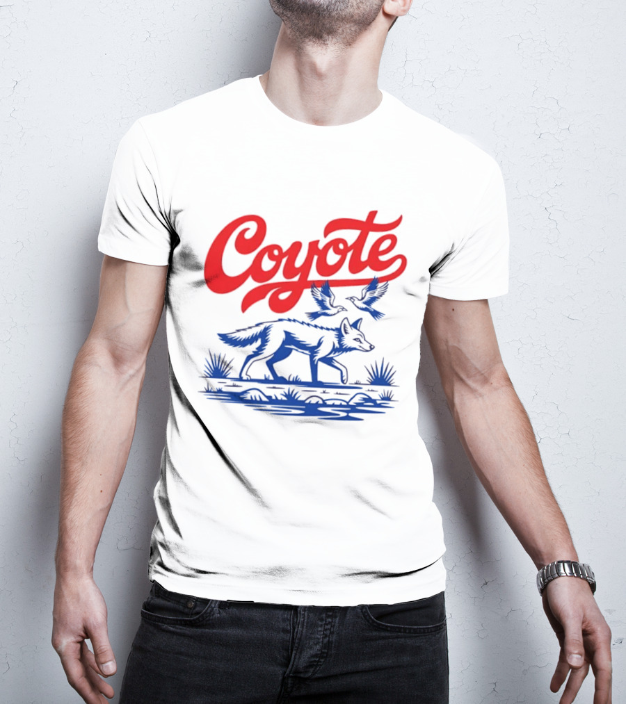 Coyote With Birds In Desert Scene Wild Western Desert T-Shirt
