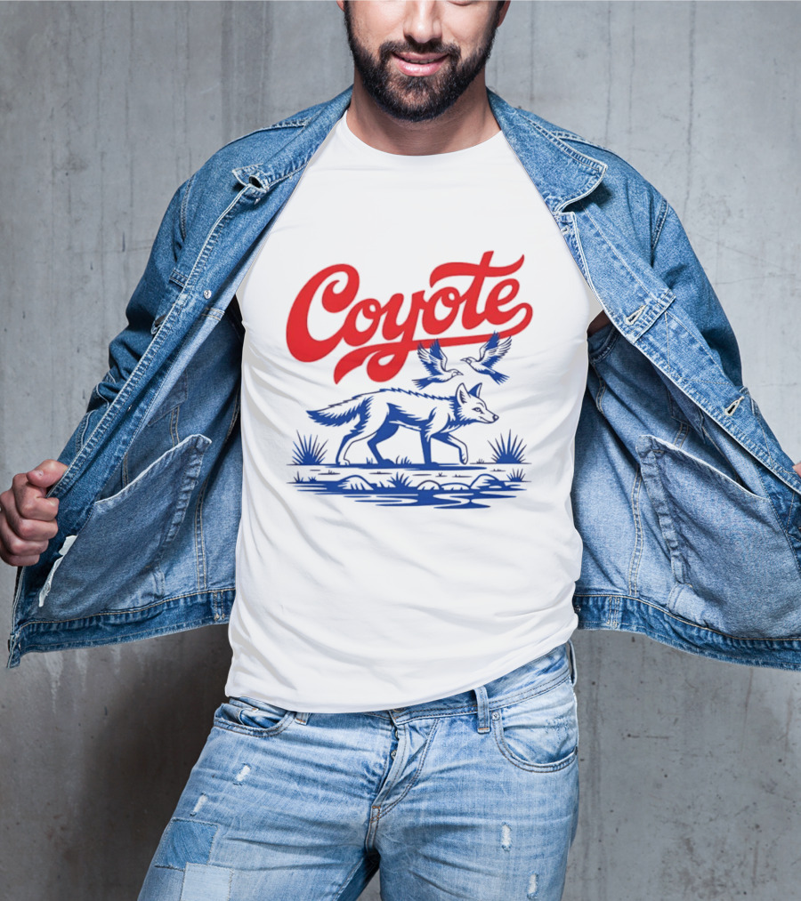 Coyote With Birds In Desert Scene Wild Western Desert T-Shirt