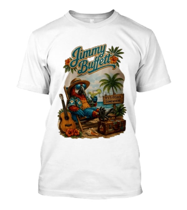 Jimmy Buffett It's 5 O' Somewhere Tropical Parrot Beach Guitar Cocktails Palm Trees T-Shirt