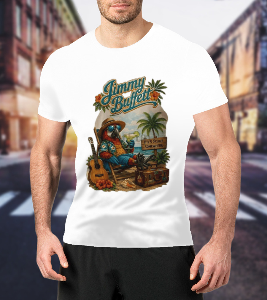 Jimmy Buffett It's 5 O' Somewhere Tropical Parrot Beach Guitar Cocktails Palm Trees T-Shirt