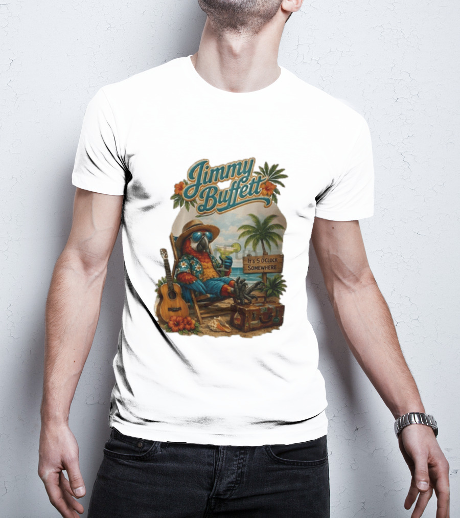 Jimmy Buffett It's 5 O' Somewhere Tropical Parrot Beach Guitar Cocktails Palm Trees T-Shirt
