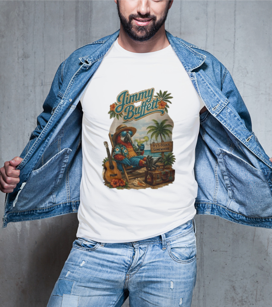 Jimmy Buffett It's 5 O' Somewhere Tropical Parrot Beach Guitar Cocktails Palm Trees T-Shirt