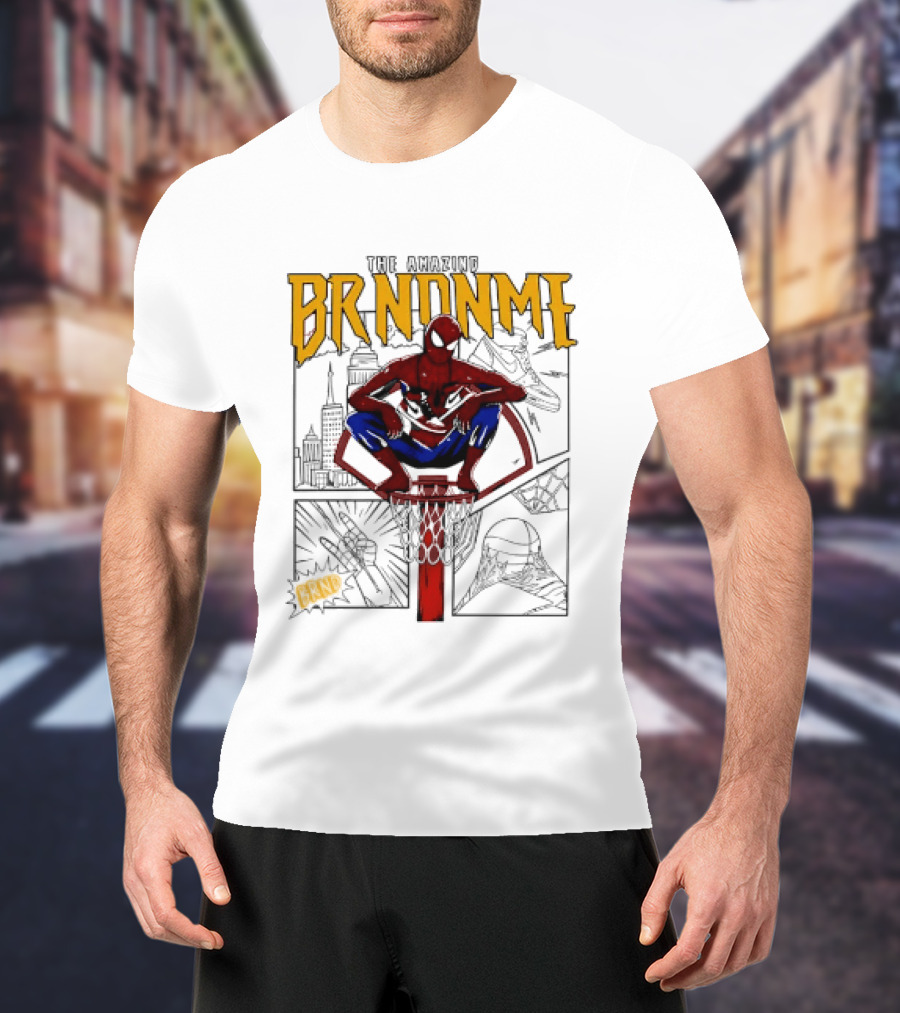 The Amazing Brndnme Spider Man Squatting On Basketball Hoop Cityscape Comic Panels T-Shirt