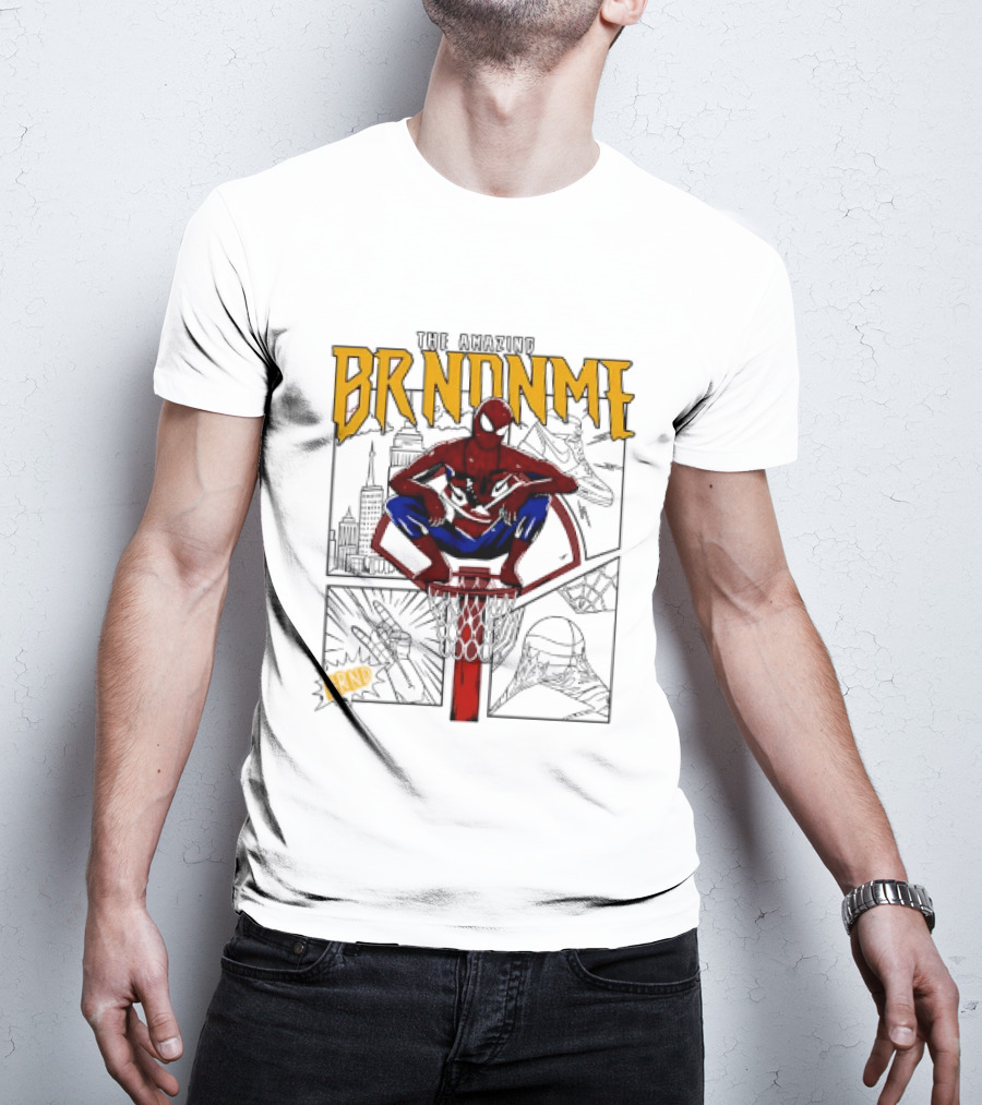 The Amazing Brndnme Spider Man Squatting On Basketball Hoop Cityscape Comic Panels T-Shirt